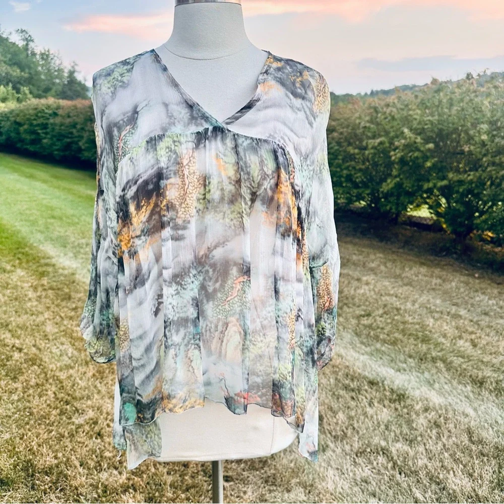 Tempo Paris Sheer Landscape Print Blouse Medium V-Neck High-Low Boho Top - Picture 3 of 10
